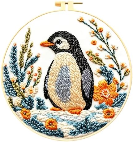 Zhenqing Penguin Embroidery Kit for Beginners, Cute Penguin Needlework Craft with Pre-Printed Cotton Fabric, Hoop, Threads & Tools, Animal Decor (C0070) by ZhenqingHomeFlagship