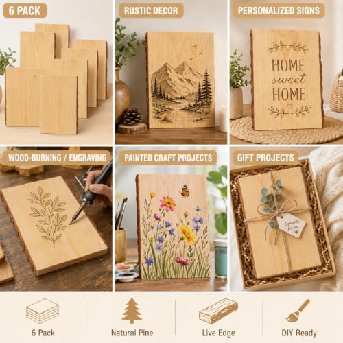 6 Pack 7 x 11 Inch Live Edge Wood Slab for Crafts, Natural Wood Planks for Crafting, Unfinished Rectangle for Crafts Wood Burning Home Décor & Rustic Weddings - Image 6