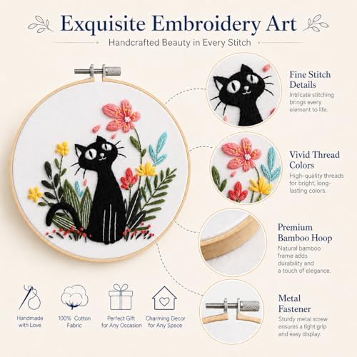 Thinas Embroidery Kit for Beginners Adults, 3 Pack Stamped Cat Cross Stitch Starter Set with Patterns & Video Tutorial, DIY Sewing Craft Supplies for Cat Lovers, Home Decor Gift Idea - Image 4