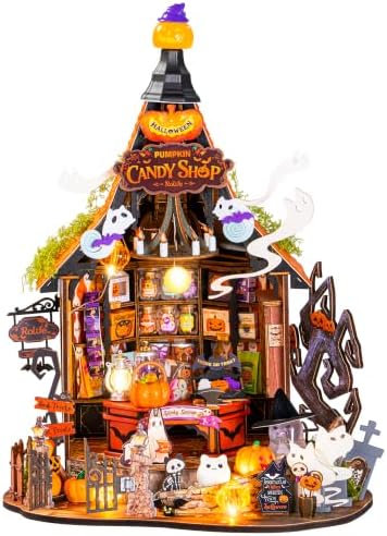 Rolife Halloween Haunted Candy House DIY Miniature House Kits with 9 LED Lights, Beginner-Friendly Tiny House Model Building Kits, Spooky Halloween Tabletop Decor, DIY Creative Hobby Gifts for Teens by Rolife