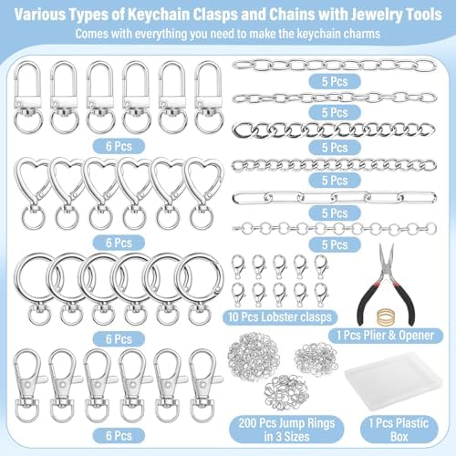 Modacraft 443 Pcs Charms Lip Gloss Keychain Making Kit, Silver DIY Bag Charm Kit Including 28 Key Chain Hooks 30 Extender Chains 172 Charms 200 Jump Rings 10 Lobster Clasps 1 Plier for Gifts Supplies - Image 3