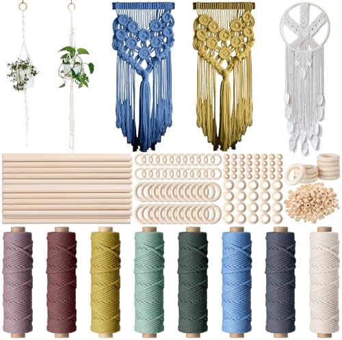 Wesnoy 268 Pcs Macrame Kits for Adults Beginners Weaving Supplies with 3 mm Macrame Cord Cotton, Wooden Beads, Wooden Rings and Sticks for DIY Plant Hangers Wall Hangings, No Insturctions(Colorful) by Wesnoy