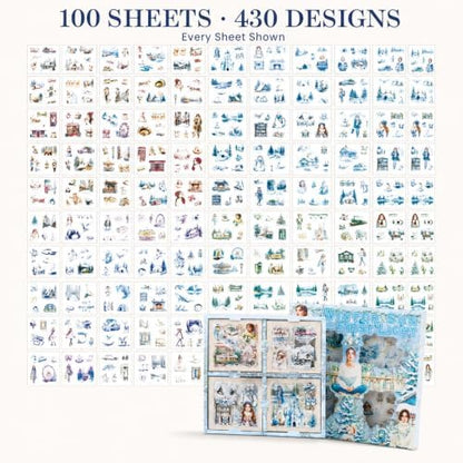 Winter Stickers for Journaling, 430 Pcs Transparent PET Set | 100 Precut Sheets in Gift Box | Snowy Landscapes, Winter Life & Animals | Scrapbooking, Junk Journals & Collage - Image 6