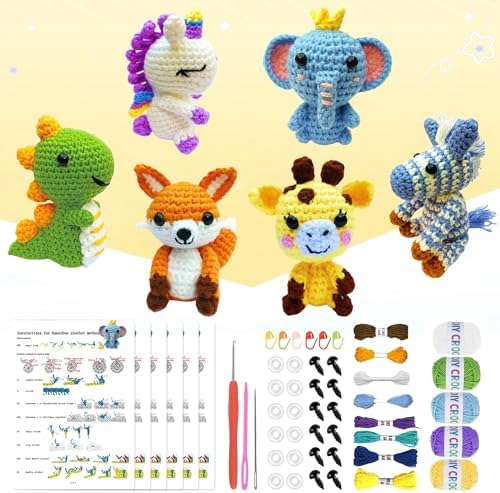 OLHKYN 6Pcs Crochet Kit for Beginners, 2026 DIY Craft for Adults, Great Gift for Crochet Lovers, Crocheting Animal Kits with Step by Step Videos,Yarn,Crochet Hook,Birthday Holiday Gift by Unknown