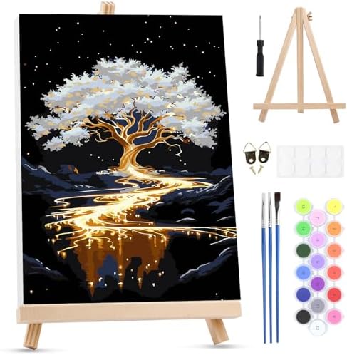 MXJSUA White Tree Framed Paint by Numbers for Adults Beginners, Easy Adults' Paint-by-Number Kits on Canvas with Easel, Acrylic Number Painting Crafts Gifts for Home Decor, 8x12 inch by MXJSUA-DiamondPaintingkits
