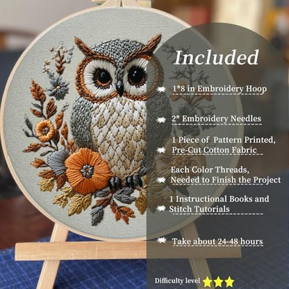 FONNUY Embroidery Kit for Beginners, Owl Flowers Pre-Stamped Pattern Kits for Adults with Hoop, Easy to Follow Color Thread Needlework, 8'' Hoop (Blue) - Image 2