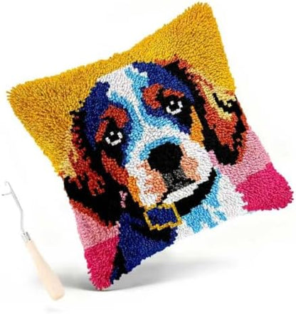 Miaceito Pre-Printed Colorful Dog Latch Hook Pillow Kits for Adults Beginners, Cozy DIY Latch Hook Kits Includes Wooden Hook 17x17 Inch Home Decor Sofa Cushion by Unknown