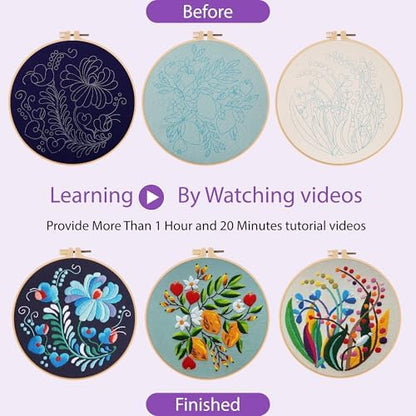 Uniartfy 3 Pack Embroidery Starter Kit for Beginners, Stamped Cross Stitch Kits for Adults with Flowers Plants and Fruits Patterns with 1 Embroidery Hoop and Color Threads, Handmade Needlepoint Kits - Image 4