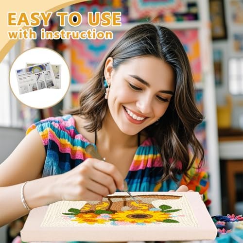 DOODLREAM Western Boots Punch Needle Kit for Beginner, 9.4"x9.4" Sunflower Punch Stitching Craft Set, DIY Embroidery Starter with Printed Frame, Instruction, Threader, Yarn, Pinch Needle - Image 3