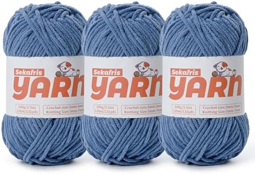 3 Pack Plush Chunky Chenille Yarn for Crocheting, Soft Fluffy Velvet Yarn for Crocheting, Fuzzy Baby Blanket Knitting Yarn, 300g/393yds Bulky Amigurumi Yarns（3 Navy Blue） by Sekafris