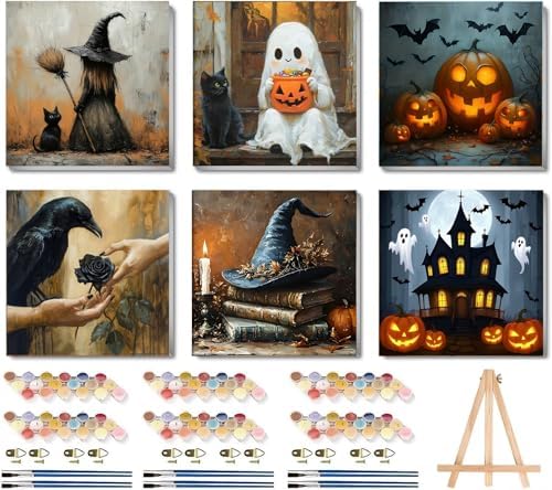 LWZAYS 6 Pack Halloween Paint by Numbers Kit for Adults with Frame, Easy Horror Paint by Number for Adults Beginner with Wooden Easel, DIY Painting by Numbers Canvas Framed for Home Decor 8 x 8 Inch by LWZAYS