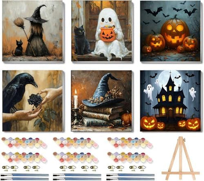 LWZAYS 6 Pack Halloween Paint by Numbers Kit for Adults with Frame, Easy Horror Paint by Number for Adults Beginner with Wooden Easel, DIY Painting by Numbers Canvas Framed for Home Decor 8 x 8 Inch by LWZAYS