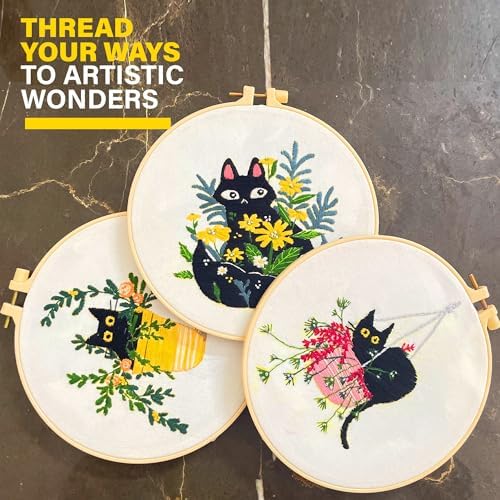 The ZenStore Embroidery Kit for Beginners – Black Cats & Kittens 3 Pattern Set – Complete DIY Needlepoint Kit with Hoops, Thread, Fabric, and Tools – Cute Animal Cat Embroidery Gift - Image 6