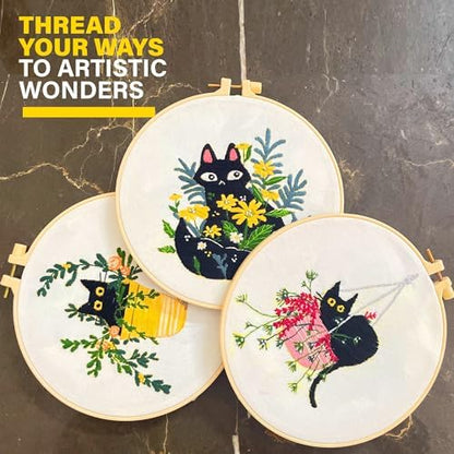 The ZenStore Embroidery Kit for Beginners – Black Cats & Kittens 3 Pattern Set – Complete DIY Needlepoint Kit with Hoops, Thread, Fabric, and Tools – Cute Animal Cat Embroidery Gift - Image 6