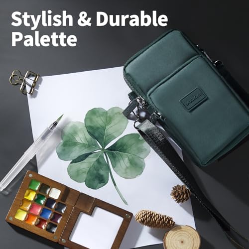 Mini Watercolor Paint Set, Travel Painting Kit with Walnut Wood Palette 15-Color, Crossbody Bag, Watercolor Journal, Metal Clip, Water Cup, Water Brush, for Artists, Beginners & Adults, Green - Image 5