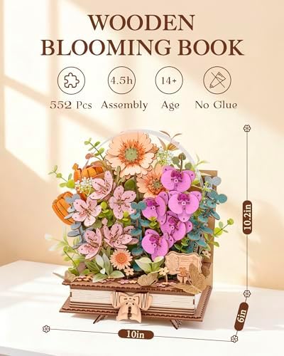 Wowood 3D Wooden Flower Puzzles for Adults-Wooden Bloom Book, Mothers Day DIY Crafts Model Kits Building Set Birthday Gifts, Artificial Botanical Decor Creative Gift for Women to Table Dispaly(552PCS) - Image 2