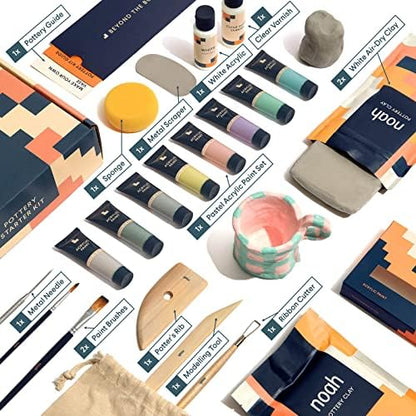 noah Pottery Kit for Beginners - Set Includes Air Dry Clay, Clay Tools and Acrylic Paints - Crafts for Adults (White Clay/Pastel Paint) - Image 2