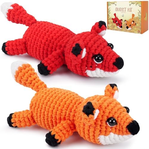 Crochet Kit for Beginners - 2 PCS Fox Crochet Kits with Step-by-Step Video Tutorials, Beginner Crochet Kit for Adults, Crochet Animal Kit, Crochet Fox Set by FortuningsJDS