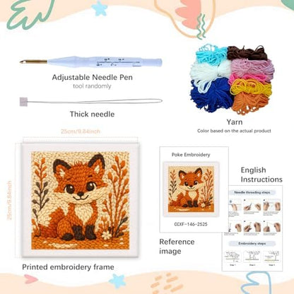 SDOYUNO Punch Needle Kit with Frame for Adults Beginners Kits 9.84 x 9.84 Inch Embroidery Starter Kits Punch Needle Kit with Fox Pattern, Threader, Yarns, Rug Punch, DIY Craft Kits (Brown) - Image 2