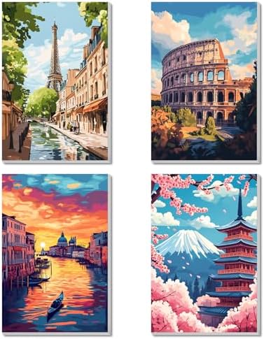 obterie 4 Pack Framed Paint by Numbers Kit for Adults Beginner Canvas Painting by Numbers for Adults Landscapes Easy Adult Paint by Number Kits with Frame City Watercolor Painting by Number 8x12 Inch by Unknown