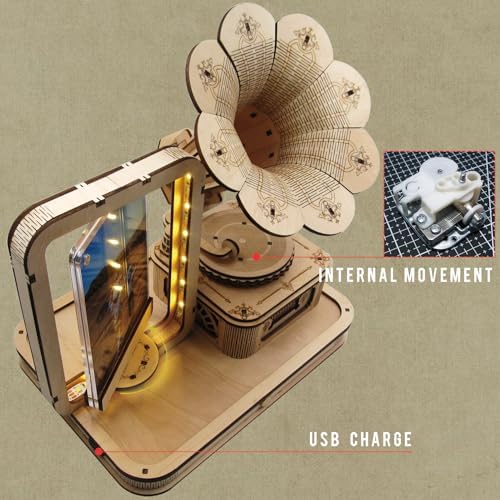 CUBERIE 3D Puzzles for Adults, Gramophone Wooden Model kit Music Box Gifts for Woman man, Assembly Three-D Wood Puzzle Decor with Acrylic Picture Frame, Toys for Ages 14 and up - Image 5