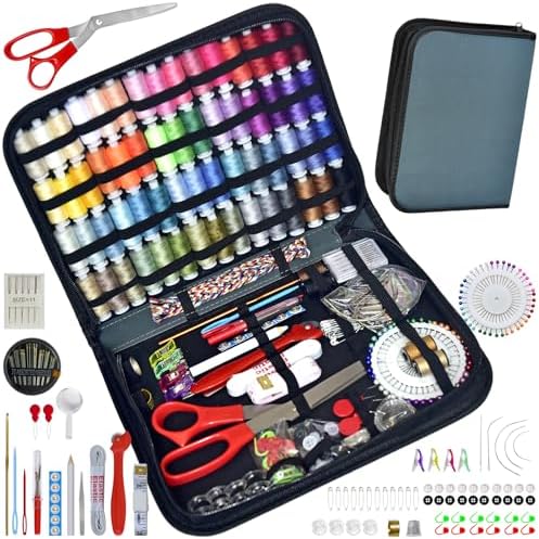 Sewing Kit with Case Portable Sewing Supplies for Home Traveler, Adults, Beginner, Emergency, Contains 60 Sewing Thread, Scissors, Needles, Measure etc（Dark Blue Green，XL) by LE+PAON