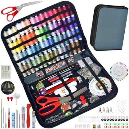 Sewing Kit with Case Portable Sewing Supplies for Home Traveler, Adults, Beginner, Emergency, Contains 60 Sewing Thread, Scissors, Needles, Measure etc（Dark Blue Green，XL) by LE+PAON