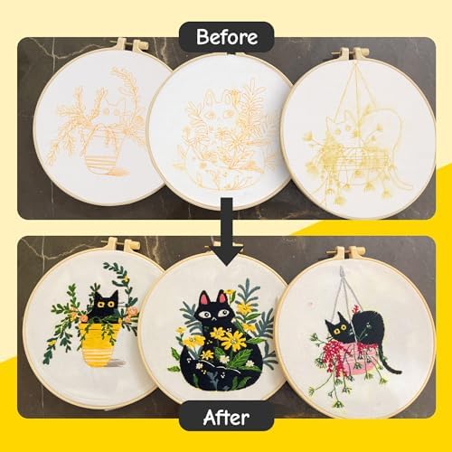 The ZenStore Embroidery Kit for Beginners – Black Cats & Kittens 3 Pattern Set – Complete DIY Needlepoint Kit with Hoops, Thread, Fabric, and Tools – Cute Animal Cat Embroidery Gift - Image 4