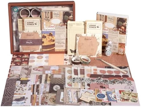 Upgraded Scrapbook Photo Album Supplies Kit with Tweezers and Glue Tape – Vintage Aesthetic Junk Journal Kit, Large Scrapbooking Paper, Sticker Pack, Notebook, DIY Craft, Gift for Adults (Goodtime) by Unknown