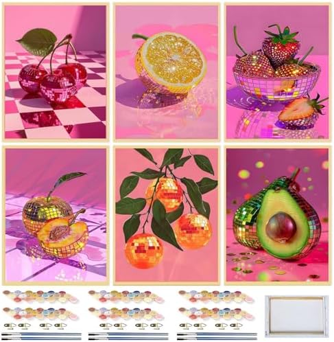 MXCFZX 6 Pack Framed Disco Ball Paint by Numbers Kit for Adults, DIY Fruit Oil Painting Adults' Paint-by-Number Kits on Canvas, Easy Acrylic Watercolor Oil Painting by Number (8x12 in) by MCCFZX