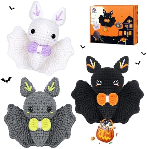 Crochet Kit for Beginners, Beginner Crochet Kit for Adults with Step-by-Step Video Tutorials, Halloween Gifts DIY Crochet Animal Kits Knitting Supplies, 3 Pack Bat (40%+ Yarn) by Crochetta
