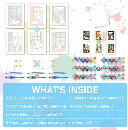 Offito 6 Pack Paint by Numbers Kit for Adults, Flowers Vase Cat, 10x14 Inch - Image 5
