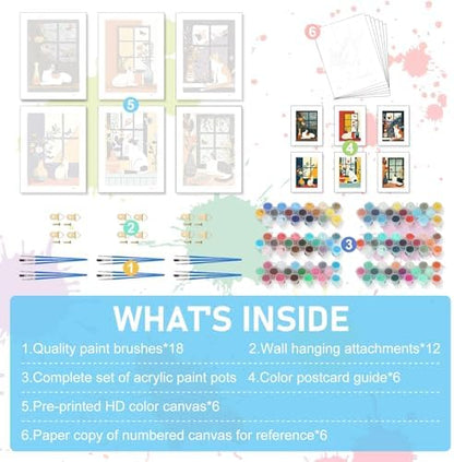 Offito 6 Pack Paint by Numbers Kit for Adults, Flowers Vase Cat, 10x14 Inch - Image 5