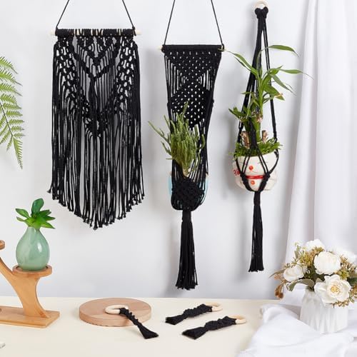 IFNUNLY 8 Set Black DIY Macrame Kit for Beginners - Starter Kit with Wall Hanging, Plant Hanger, Keychain & Instructions - Image 4