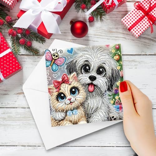 jinglinhh 6pcs Big-Eyed Cats Dogs Butterfly Diamond Art Painting Greeting Cards with Envelopes, DIY Card Making Kits for Adults, Diamond Art Postcards Christmas Cards Craft Gifts - Image 6