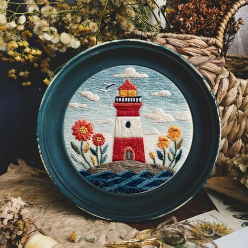 FONNUY Embroidery Kit for Beginners, Lighthouse Landscape Flowers Pre-Stamped Pattern Kits for Adults with Hoop, Easy to Follow Color Thread Needlework, 8'' Hoop (Blue) - Image 3