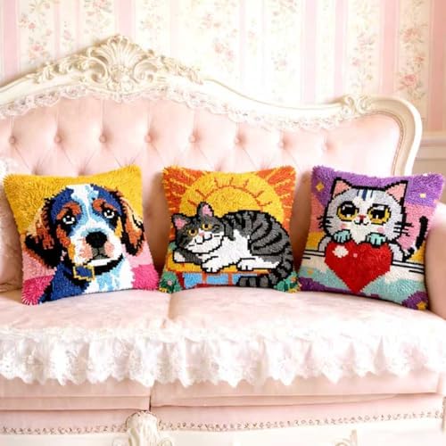 Miaceito Pre-Printed Colorful Dog Latch Hook Pillow Kits for Adults Beginners, Cozy DIY Latch Hook Kits Includes Wooden Hook 17x17 Inch Home Decor Sofa Cushion - Image 2