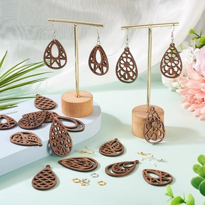 Elecrelive DIY Dangle Earrings Kits 11 Pairs Teardrop Walnut Wood Pendants Natural Wood Earring Blanks with Hooks for DIY Craft Jewelry Making - Image 3