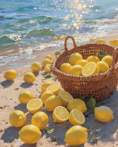 Lemon Paint by Numbers Kit for Adults,DIY Fruit and Beach Scenery Watercolor Painting Kit for Adult Beginners,Unframed Landscape Acrylic Paint by Number Kits Art Craft for Home Wall Decor 16X20 Inch. by MIRCVSH