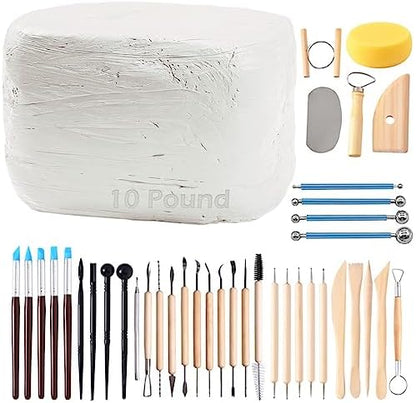 ReArt Natural Air-Dry Clay, Pottery Clay10LBs with 40 Pcs Pottery Tools Clay Sculpting Tool Set, All-Purpose Modeling Clay (White) by ReArt