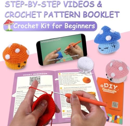 Atofoi Crochet Kit for Beginners Adults Kids - Amigurumi Crochet Kit for Beginners with Step-by-Step Video Tutorials - Beginner-Friendly Yarn - Easy Learn to DIY Knitting Supplies - 4 Pack Mushroom - Image 3