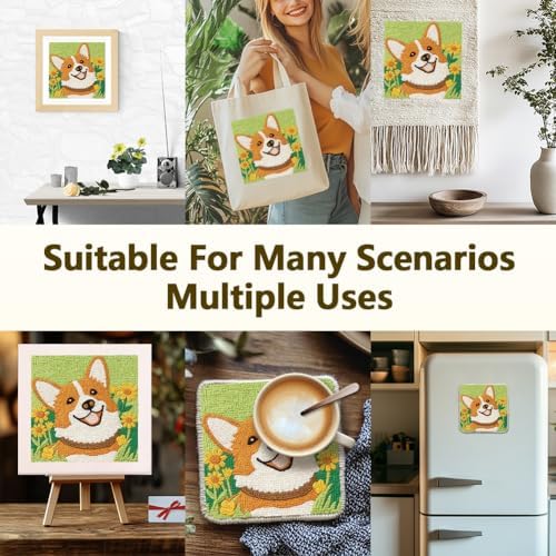 Doodlream Cute Corgi Dog DIY Punch Needle Embroidery Kit for Adult Beginner, 9.4" Cartoon Animal Flower Punch Stitching Craft Set for Starter with Frame,Fabric Pattern,Threader, Yarn, Pinch Needle - Image 5