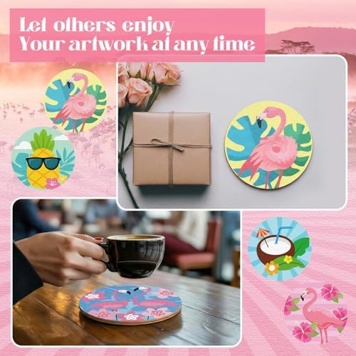 Reallnaive 45 Pcs Flamingo Wooden Coasters Painting Kit, 4 Inch Paint Your Own Summer Coasters with Markers, Summer Arts and Crafts for Adults Women Seniors Elderly Crafters - Image 5
