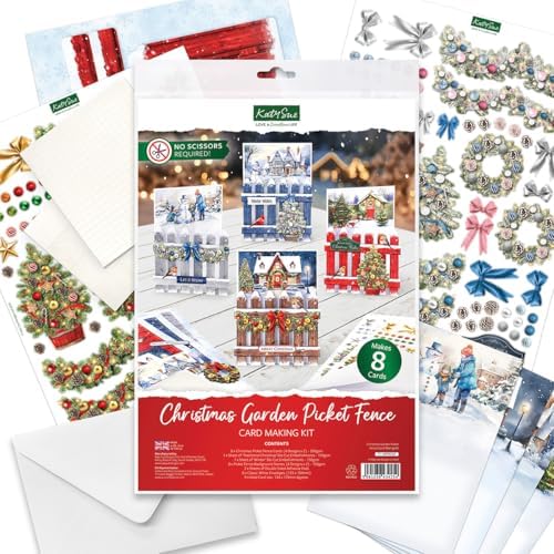Katy Sue Christmas Garden Picket Fence Card Making Kit - 8 Shaped Cards, Die-Cut Embellishments, Background Scenes, Foam Pads, Instructions & 8 Envelopes for Christmas Card Making Supplies. UK-Made. - Image 2
