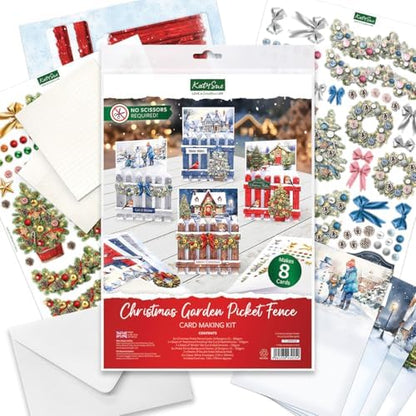 Katy Sue Christmas Garden Picket Fence Card Making Kit - 8 Shaped Cards, Die-Cut Embellishments, Background Scenes, Foam Pads, Instructions & 8 Envelopes for Christmas Card Making Supplies. UK-Made. - Image 2
