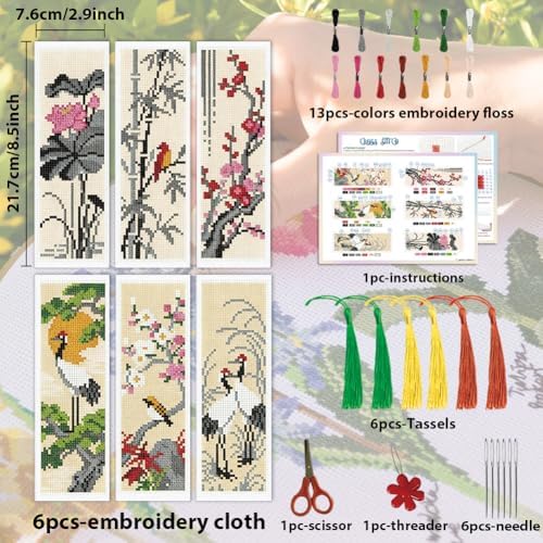 ACRNIGHEET 6PCS Cross Stitch Bookmark Kit for Beginner Chinese-Style Stamped Cross Stitch Kits Needlepoint Kit for Adults DIY Tassel Embroidery Bookmark Kits with Instructions Craft Gift 8.5"x3" 11CT - Image 2