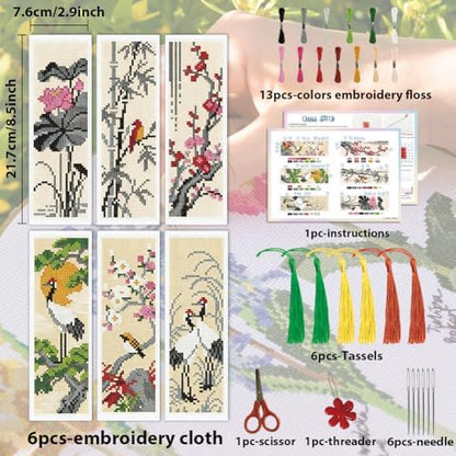 ACRNIGHEET 6PCS Cross Stitch Bookmark Kit for Beginner Chinese-Style Stamped Cross Stitch Kits Needlepoint Kit for Adults DIY Tassel Embroidery Bookmark Kits with Instructions Craft Gift 8.5"x3" 11CT - Image 2