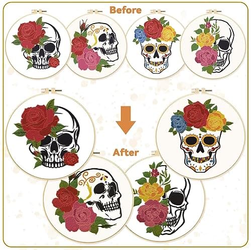 BEUNITONE 4 PCS Skull Embroidery Kit Flower Cross Stitch Kit for Beginners Adults Brain Embroidery Starter Kit Bone Needlepoint Kit for Beginners Inner DIY Embroidery kit with Instructions Home Decor - Image 4