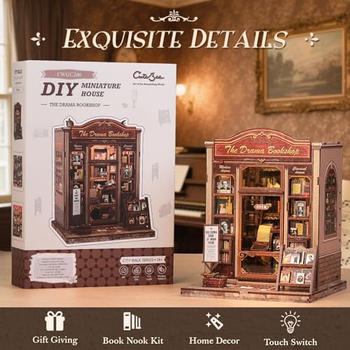 CUTEBEE Book Nook Kit - DIY Miniature House Dollhouse Kit for Adults and Teens, Booknook Tiny House Bookshelf Decor 3D Wooden Puzzle, Gifts for Family Friends (Drama Bookshop) - Image 4