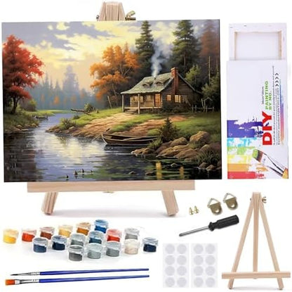 MaiMMaledy Paint by Numbers Kit for Adults Beginners 8Wx12L inch Canvas Pictures with Framed Drawing Painting Works with Wooden Triangle Easel Acrylic Pigment Riverside Cabin by MaiMMaledy